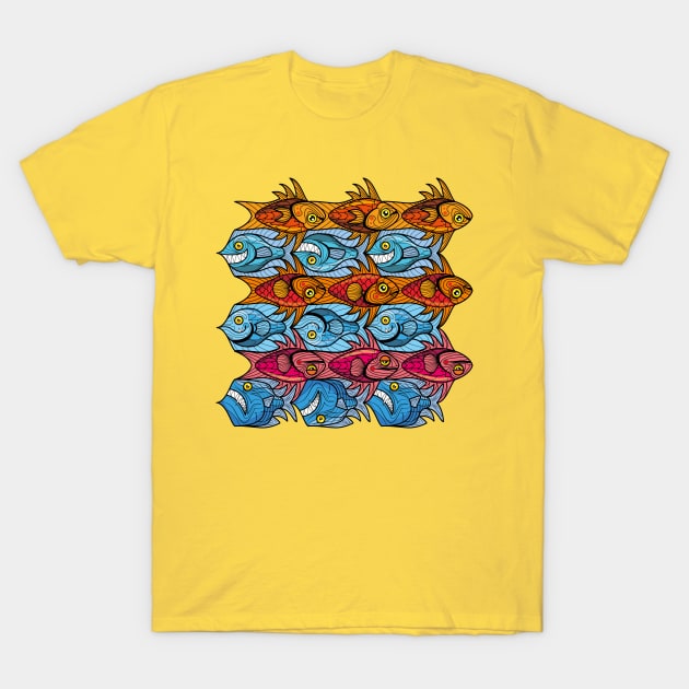 Fish tessellation escher style in red and blue T-Shirt by Maxsomma